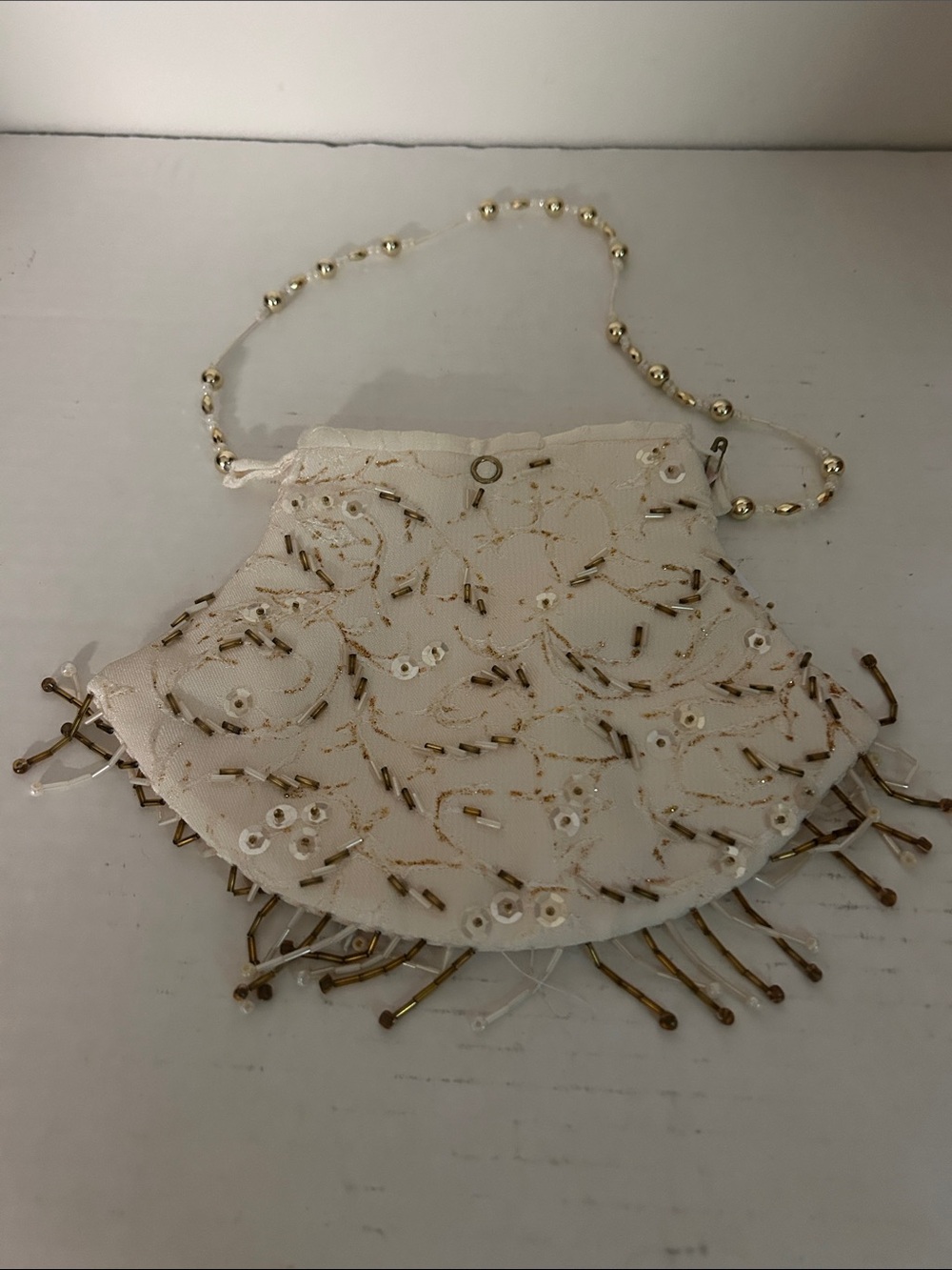 Embroidered Beaded White Evening Bag with Gold Accents